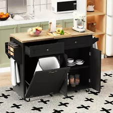 Rolling Kitchen Island Cart with Drop Leaf Top Tilt Out Kitchen Trash Cabinet