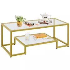 Modern Glass Coffee Table W/Open Shelf Gold Coffee Center Table For Living Room