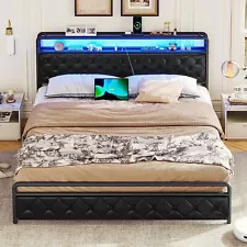 King Size Bed Frame w/LED Headboard Faux Leather Upholstered Platform Bed Black