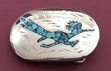 BEEP BEEP….SALE SALE….Vintage Signed Silver Turquoise Roadrunner Art Belt Buckle