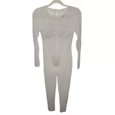 Revolve Sample Sale Rhinestone Mesh Skinny Jumpsuit Long Sleeve White Size Small