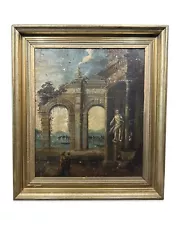 19thC Antique GREEK / ROMAN Old ARCHITECTURAL RUINS Old HISTORICAL Oil PAINTING