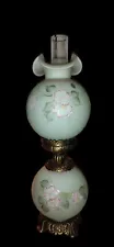 Scarce Fenton Lotus Mist Green Burmese GWTW Hand Painted Pink Flowers 3-Way Lamp