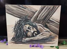 16" x 20" Painting JESUS CHRIST & CROSS 2015 Acrylic Signed Browns, Tans, Grays