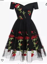 Ikadex XXL Red Rose Embroidery Short Sleeve Party Dress Vneck Black