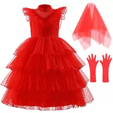 Lydia Deetz Cosplay Kids Red Wedding Dress Halloween Beetle Bride Outfits