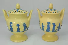 RARE LARGE Antique Pair of Wedgwood Caneware & Blue Potpourri Urns Circa 1810