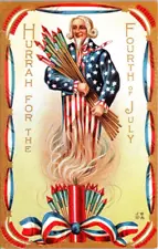 Hurrah For Fourth Of July Patriotic Fireworks Uncle Sam Vintage Postcard