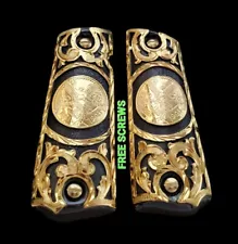 Black and gold centenario mexican style 1911 gun pistol grips custom gold plated