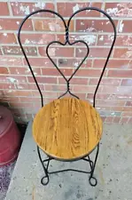 Vtg Black Wrought Iron Ice Cream Parlor Chair Heart Back Solid Oak Seat #7