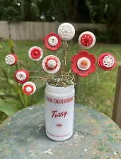 Mini Red White Vintage Button Flower Bouquet Tussy Milk Glass Vase