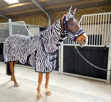 White & Zebra Fly Mesh Rug for Horse Pony Shetland - Lightweight Full Neck Combo