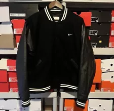 Nike Authentics Varsity Bomber Jacket Black Leather FD7845-010 Mens SMALL S $500