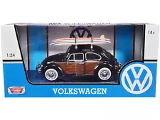 1966 Volkswagen Beetle Black Wood Panels Surfboards Roof Rack 1/24 Diecast Mo...