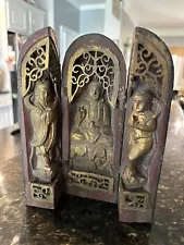 Vintage Portable Triptych Detailed 3 Panel Carved Holy Foldable Buddhist Shrine