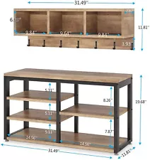 Hall Tree Shoe Rack Bench w/ Wall Mounted Coat Rack 3 Storage Cubbies and 7Hooks