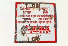 Vintage Danger Look Out For Train Before Crossing Enamel Sign Board Old EB317