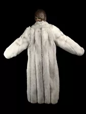 Stunning Vintage Natural Blue Fox Fur Coat; size 10 Long Full 54" White Silver