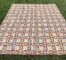 Antique Vintage Double Wedding Ring Quilt Handstitched 84 x 76 Feed Sack Fabric