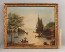 Large Antique 19thC American Folk Art Hudson River Landscape Oil Painting, NR