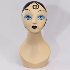 MN-225-A Female Mannequin Head w/ Whimsical Black Hair Vintage Style Makeup