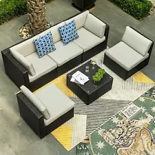 TAUS 6PCS Outdoor Patio Furniture Set Sectional Sofa Rattan Chair Wicker Set