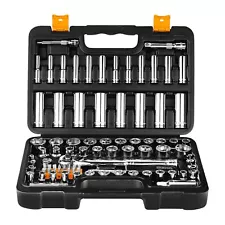 Socket Set, 85-Piece 1/4" and 3/8" Drive Socket Wrench Set with Quick-Release...