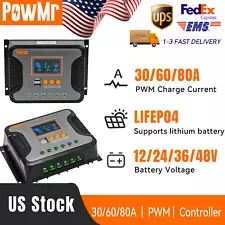 Powmr 30A 60A Solar Panel Regulator Charge Controller 12V/24/48V Lithium Battery