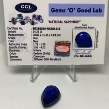 24.25 Ct Natural Kashmiri Blue Sapphire Stunning Certified Loose Gemstone Pear