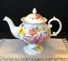 Gorgeous 2010 Burton & Burton "Garden's Gate" teapot; spring floral & gold trim