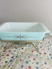 1960 Pyrex Starburst Promotional Space Saver Casserole with Lid & Candle Warmer