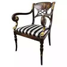 Italian Regency Style Side Chair, Ebonized with Gold Finish & Stripe upholstery