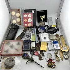 Estate Sale Junk Drawer Lot, Coins, Cards, Fishing, Medals, Buck Knife, Zippos