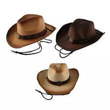 Western Cow boy Hat Wide Brim Panama Cowgirl Visor Hat with Drawstring Rope