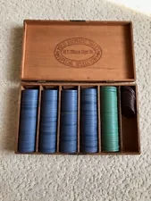 Vintage Clay Poker Gambling Chips initials SLC - in wood W.F. Monroe Cigar box