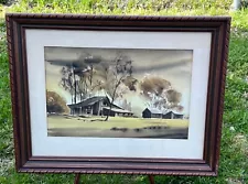 Original Charles Mulvey Watercolor Painting Farm Barn Buildings Storm Trees Gift