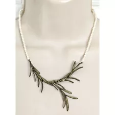 MICHAEL MICHAUD Signed Bronze Cast Rosemary Sprig & Freshwater Pearl Necklace