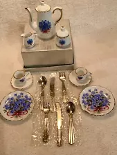 Reutter Porzellan Germany Miniature Tea Set for 2 Forget Me Not 9 Pcs Gold Trim