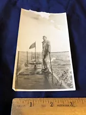 Rare Original Ca WWII ?? Soldier standing on USS Submarine at Sea w/flag