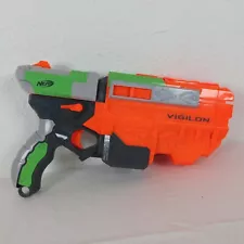 NERF Vigilon 2010 Orange/Green Soft Foam Disc Toy Gun Launcher Pistol -TESTED