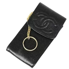 CHANEL CC Logo Pouch Key Chain Ring Caviar Skin Leather Black Gold Italy 36KA345