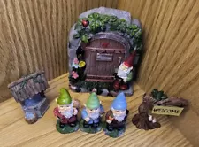 6 PC Gnome Garden Assortment With Fairy Tale Door, Well, Sign, And 3 Gnomes. NEW