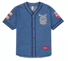 SUPREME:) SS21 Patches Denim Baseball Jersey Denim MEDIUM 100% NEW AUTHENTIC