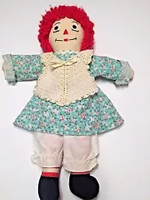 Raggedy Ann Doll 15" Blue Floral Dress Knit Bib Red White Striped Legs Vintage