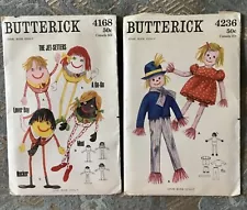 VTG Lot of 2 Stuffed Cloth Rag Doll Patterns - Scarecrow Kids, Egg Heads UNCUT