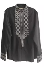 Ukrainian Embroidered Shirt For Him Black Vyshyvanka Premium Quality Button Down