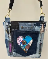 RECYCLED DENIM PURSE, bag crossbody, handbag, tassels, zipper heart grunge raw