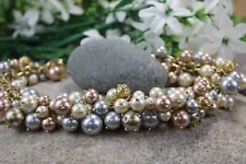 Chunky Rhinestone & Faux Pearl Goldtone Vintage NECKLACE *SALE $1 Ship