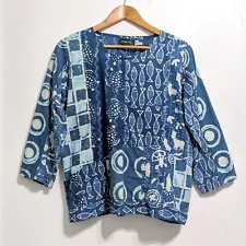 Water Lily Nui Mono Hawaii Blouse Top Artsy Funky Fun Blue Patchwork Size XS