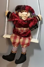 Rare Scary weird creepy winking Circus Clown Jester Figurine on a Wooden Swing